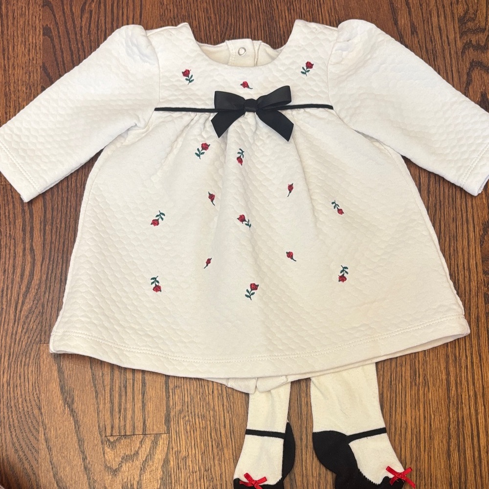 Little Me White Baby Holiday dress with matching tights 3 month